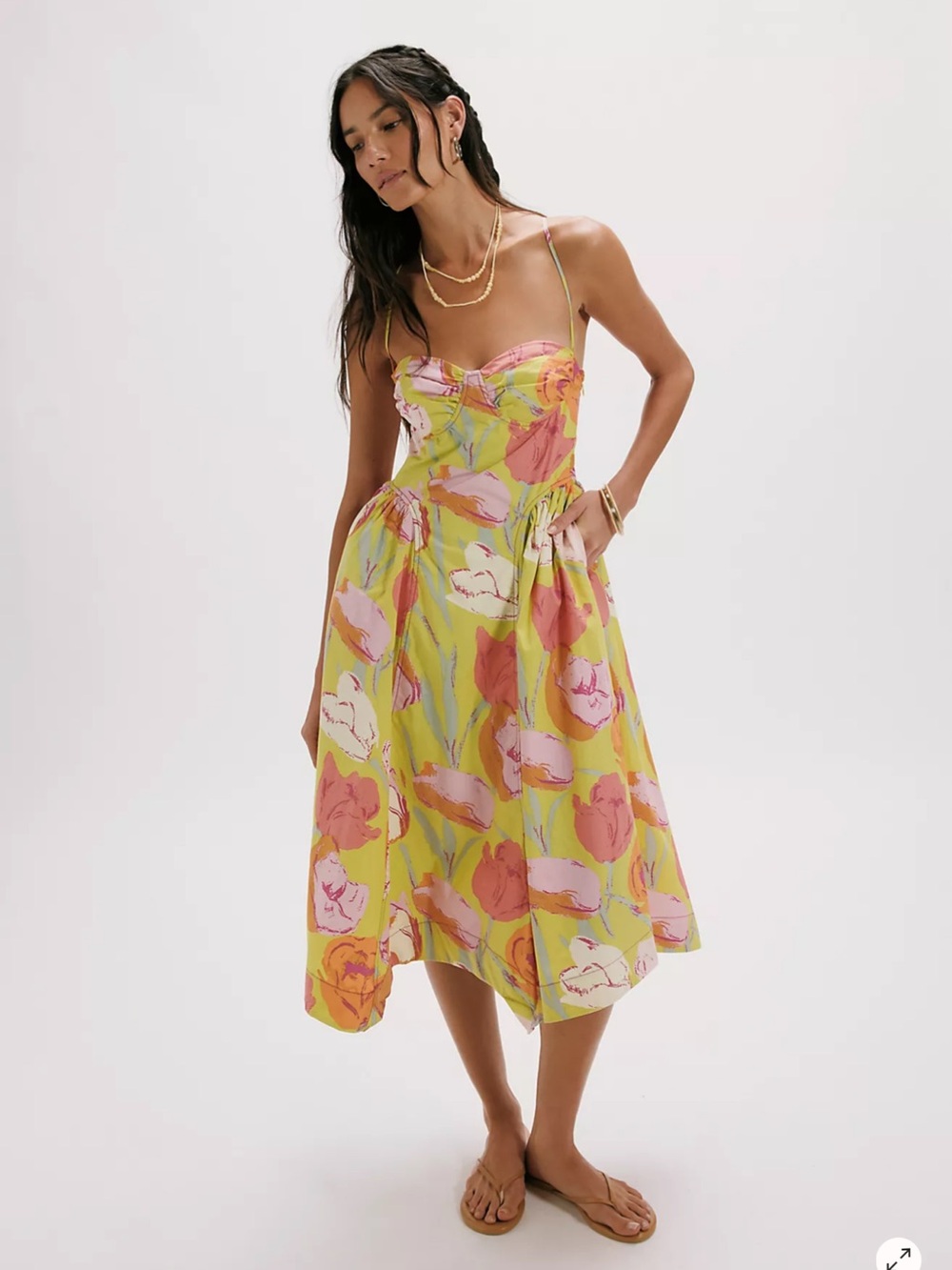 Free People Cherish Printed Daffodils Bustier Ruched Hips Midi Dress 0